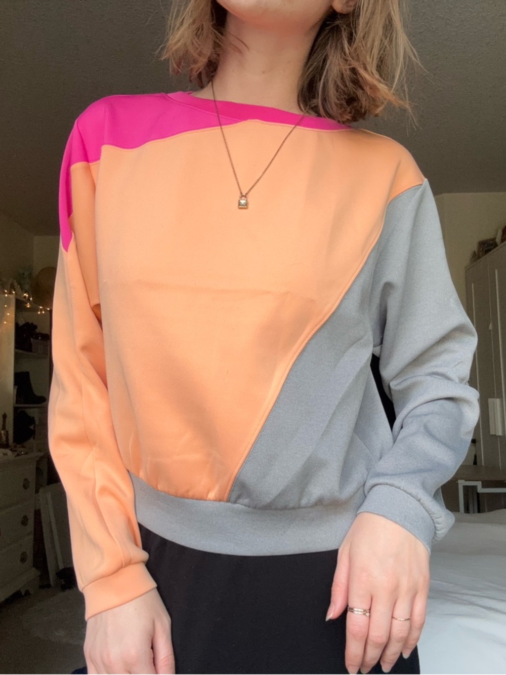 joylab orange pink and grey sherbet colorblock crewneck athletic sweater